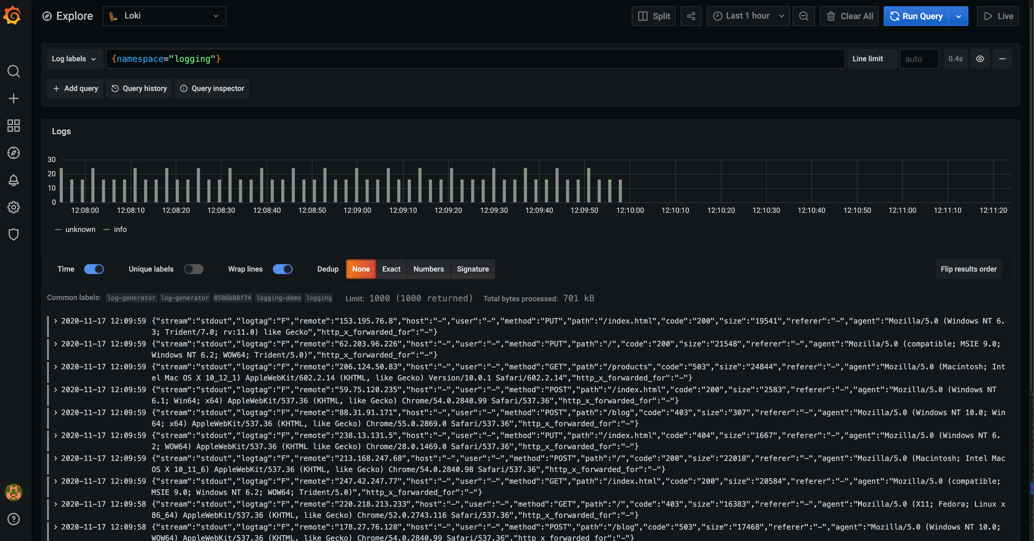 Sample log messages in Loki